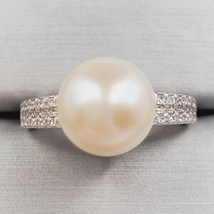 Akoya Cream Pearl & Simulated Pave Diamond Ring Platinum | 925 Sterling Silver
